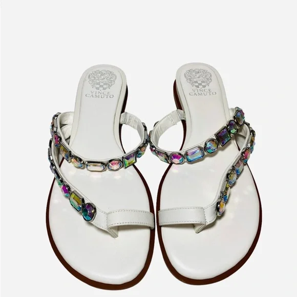 Vince Camuto Bejeweled Sandals Ambridil White Leathers shoes Toe Loop - Picture 5 of 10